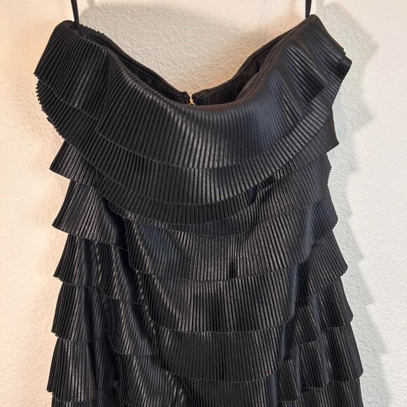 Black shiny silky layered ruffle strapless whimsigoth grunge demonia mini dress - Picture 4 of 7